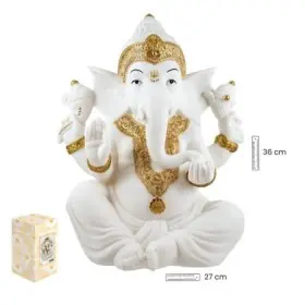 Figura Ganesha Sentada 36 cm - Blanca y Dorada– Resina Extra