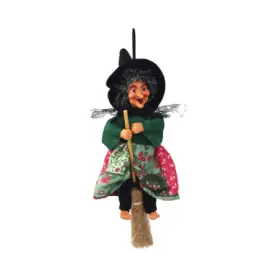Figura Bruja Voladora con Escoba 16 cm - Verde - Para Colgar