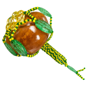 Maraca de Santería Orula decorada de 25 cm en verde y amarillo