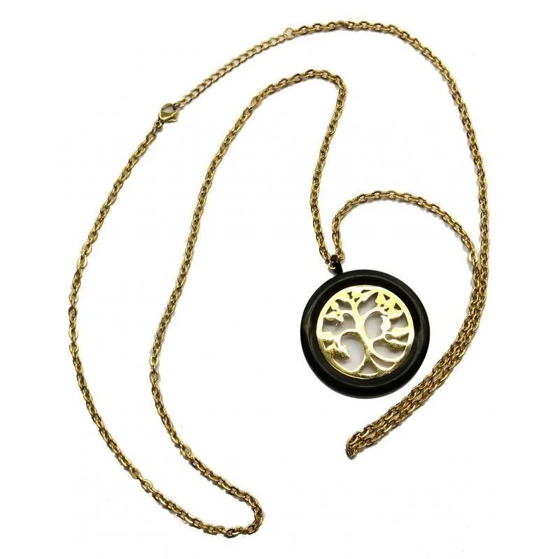 Collar Amuleto Arbol de la vida 3.5 cm (Acero Dorado contorno Negro)