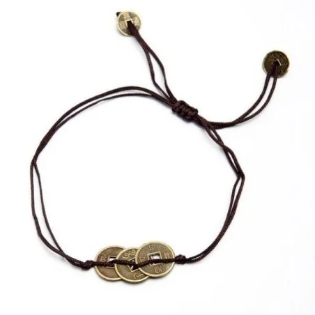 Pulsera Monedas I Ching 3 Doradas Hilo Marron (Ajustable) | Tienda Esotérica Changó