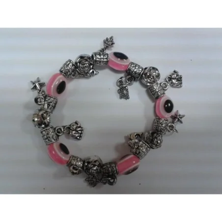 Pulsera Simil Cristal Ojo Turco Rosa c/ Simbolos (Contra Mal de Ojo) (Elastica)