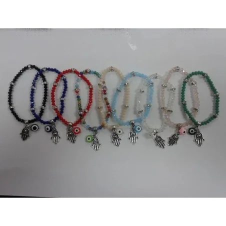 Pulsera Simil Cristal c/ Circonita Mano de Fatima + Ojo Turco Circulo (Elastica)