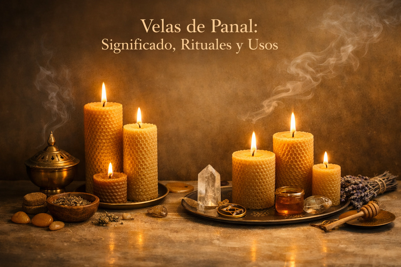 Velas de panal encendidas en un ritual espiritual con luz cálida