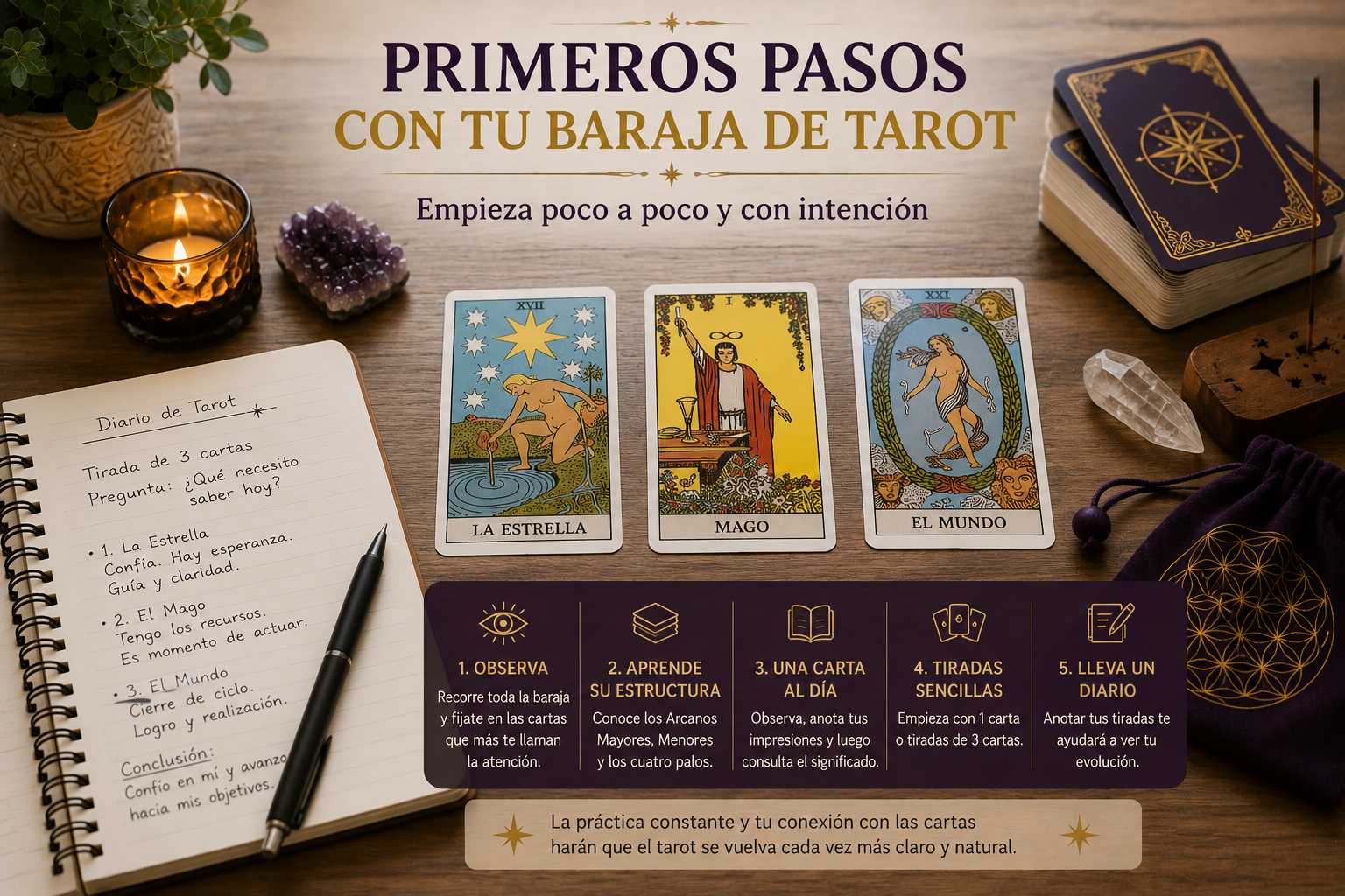 Primeros pasos con una baraja de tarot y tirada sencilla de tres cartas