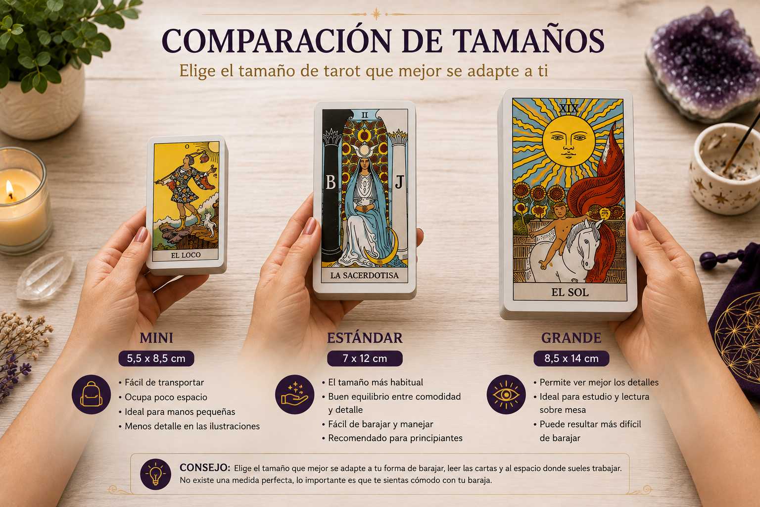 Comparación de tamaños de barajas de tarot para principiantes
